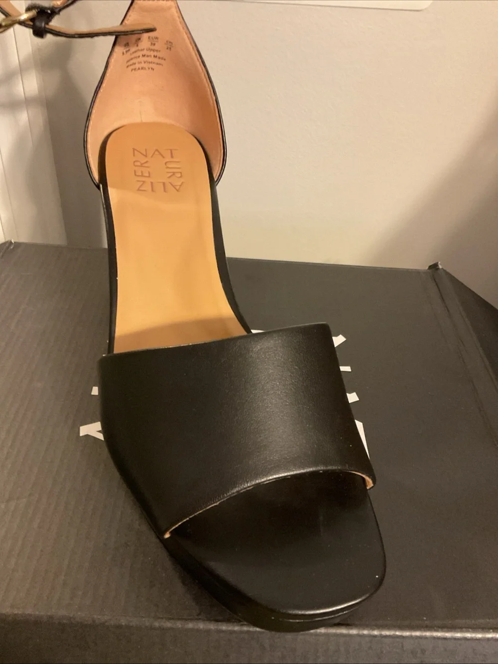 Pearl Black Platform Block Heel Sandals with Ankle Strap